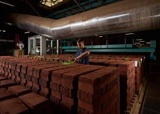 Arbeider in de fabriek bij bakstenen